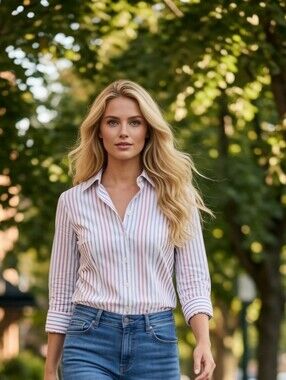 NWT. Ann Taylor LOFT SZ 4  White Button-Up Shirt with Pink and Blue Stripes